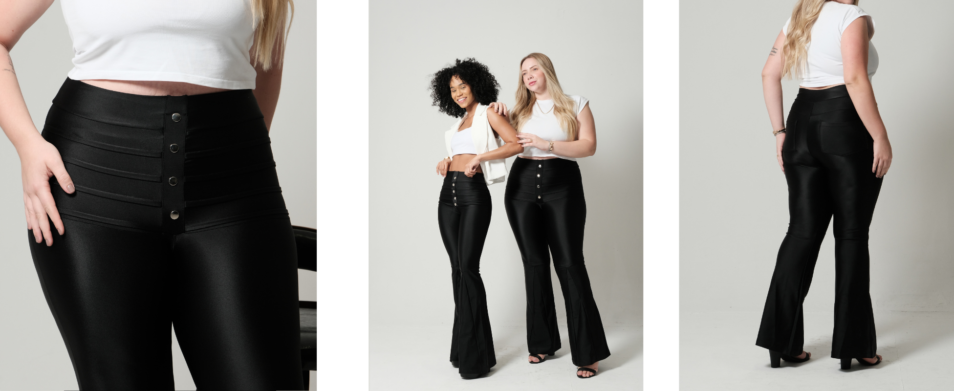 Calça prada flare com prega na cintura e botão